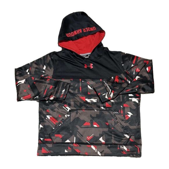 Under Armour Hoodie Boys Youth Large Long Sleeve Logo Black & Red COOL DESIGN - Picture 1 of 6